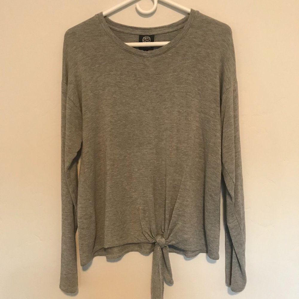 Bobeau Gray Long Sleeve Sweater with Front Tie